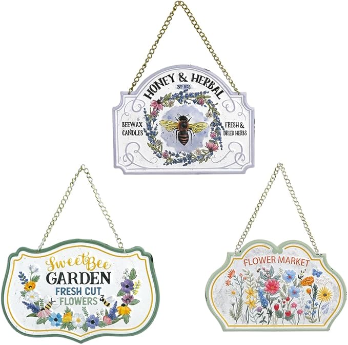 All Chic 3 Pack Metal Bee Garden Stake Decor Embossed Bee Hanging Sign Garden Art Yard Stakes for Decorations Lawn Ornaments Decor(Includes Hanging Chain and Stakes)
