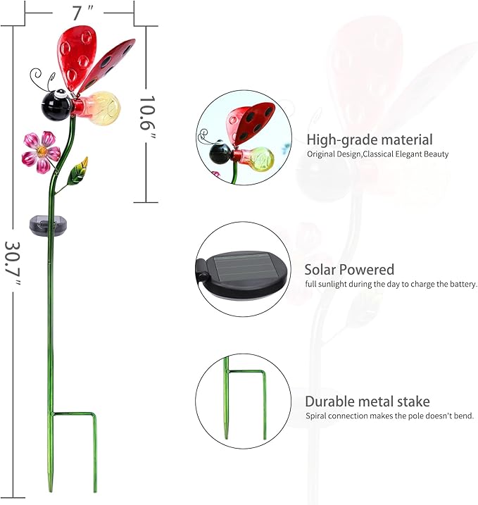 Bshine Solar Ladybug Outdoor Garden Decorative Lights, Waterproof Metal Stake Solar LED Lights Garden Decor Backyard, Pathway, Path, Lawn Ornaments for Mom