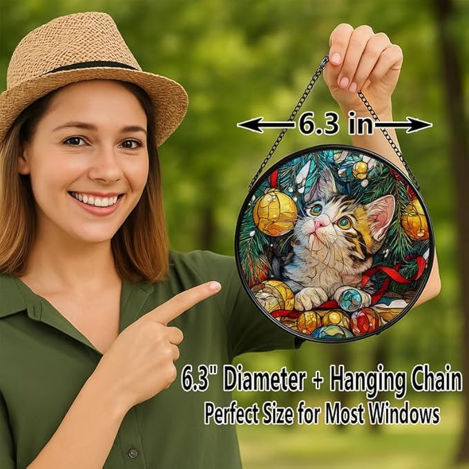Stained Glass Window Hanging – 6.3 in Kitten and Christmas Tree Panel with Chain， Bathroom Front Door Living Room Garden Decor， Gift for Mom Wife Lovers
