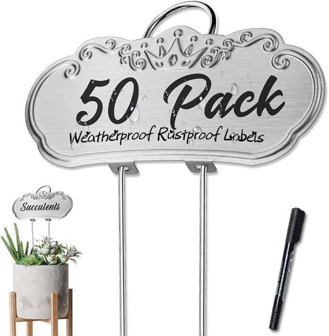 50 Packs Metal Plant Labels, Tall Outdoor Garden Markers for Flowers, Fruits and Vegetables, 304 Stainless Steel Weatherproof Signs (4" x 1.9", Silver)