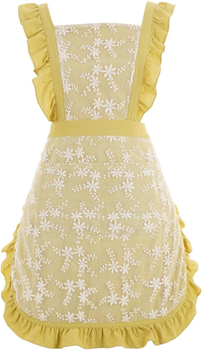Vintage Pinafore Apron Dress for Women with Pockets Cute Floral Chef Aprons for Kitchen Cooking Baking Gardening