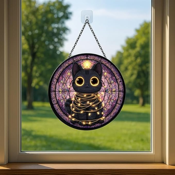 Stained Glass Window Hanging – 9.8 in Black Cat with String Lights Panel with Chain， Bathroom Front Door Living Room Garden Decor， Gift for Mom Wife Lovers