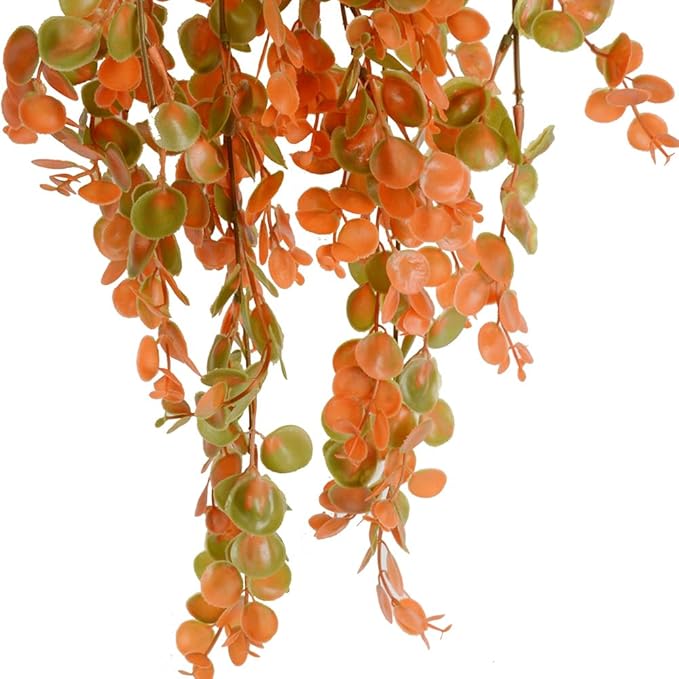6pcs Artificial Hanging Fall Plants Fake Hanging Plant Faux Eucalyptus Leaf Greenery Vine Outdoor UV Resistant Plastic Plants (6, Fall Orange)