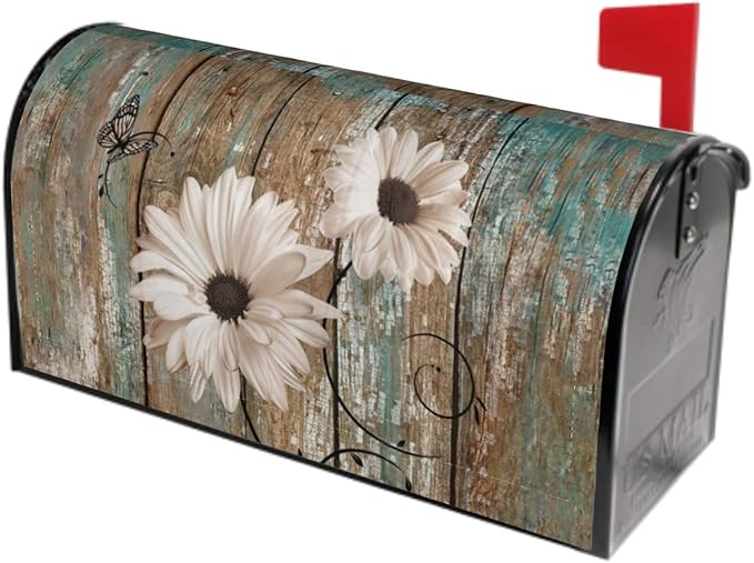 Rustic Daisy Board Mailbox Cover Magnetic, White Sunflowers Vintage Wood Grain Plank Mailbox Wrap Letter Post Box Cover for Yard Garden Outside Home Decor, Large Size 25.5x21 Inch