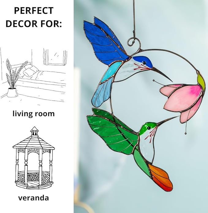 Hummingbird Cardinal Birds Stained Glass Suncatcher Genuine Stained Glass Window Hangings Unique Indoor Ornament & Outdoor Decor (Pair Flying Hums)