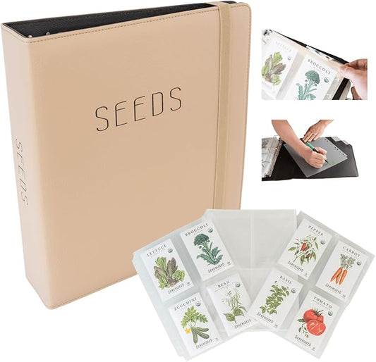 Seed Storage Binder – Seed Packet Organizer w/50 Sheet Protectors & Protective Flap-Top Inserts Stores 200 Envelopes Binder w/5 Dividers for Sorting Seeds & Gardening Supplies
