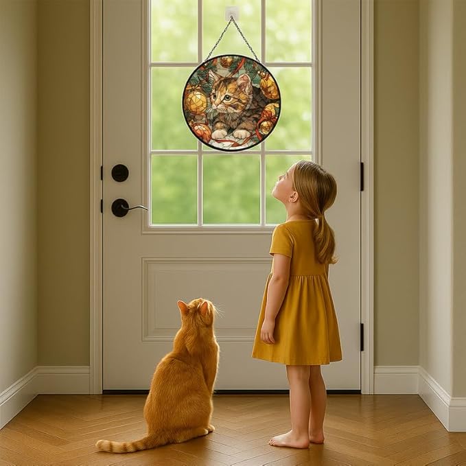 Stained Glass Window Hanging – 7.8 in Cute Kitten with Christmas Ornaments Panel with Chain， Bathroom Front Door Living Room Garden Decor， Gift for Mom Wife Lovers