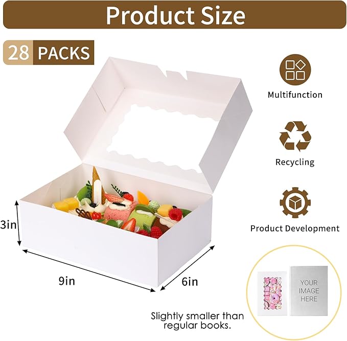 Moretoes 28pcs Cookie Boxes with Window, 9x6x3 Inch White Bakery Boxes Dessert Container for Pastries, Chocolate Covered Strawberries, Easter Candy, Muffins, Donuts