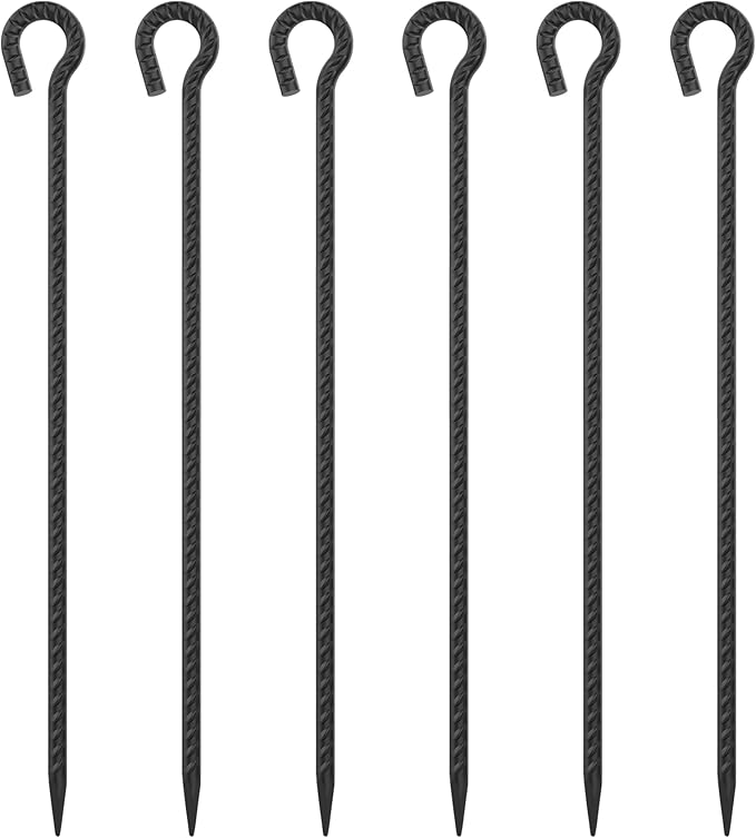 Rebar Stakes 24 Inch with Loop (Set of 6) | 1/2 Inch Thick Tree Stakes and Supports, Steel Tarp Pegs, Camping Tent Ground Anchors | Create Rope Border, Fence, Pathway | for 1.18" Diameter Rope (Black)