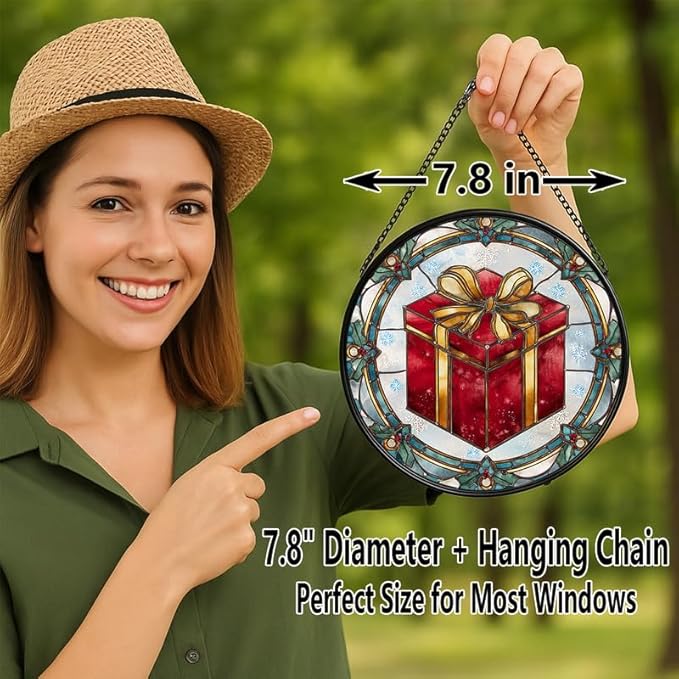 Stained Glass Window Hanging – 7.8 in Box Panel with Chain， Bathroom Front Door Living Room Garden Decor， Holiday Present Gift for Mom Wife Lovers