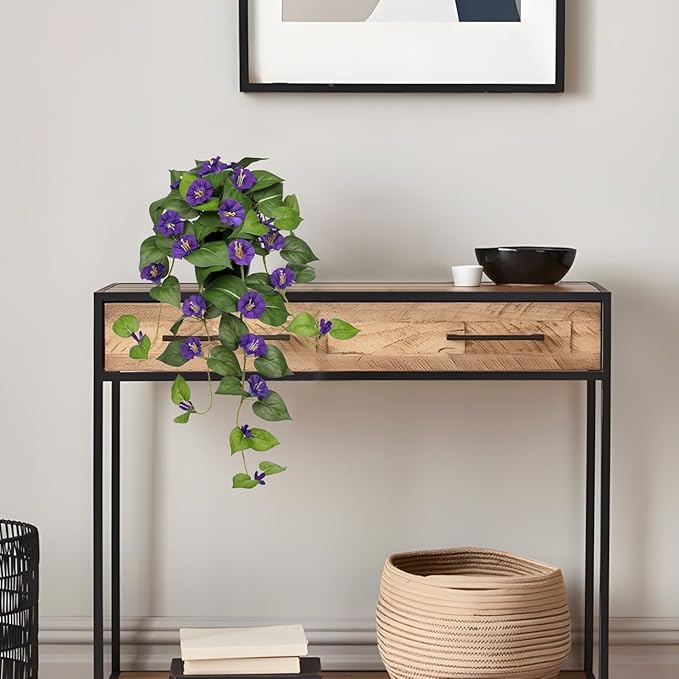 Briful Artificial Hanging Flowers in Pot 25.6" Faux Silk Morning Glory Flower Vine with Cascading Greenery Fake Hanging Plants for Home Office Bathroom Table Shelf Decor(Purple)