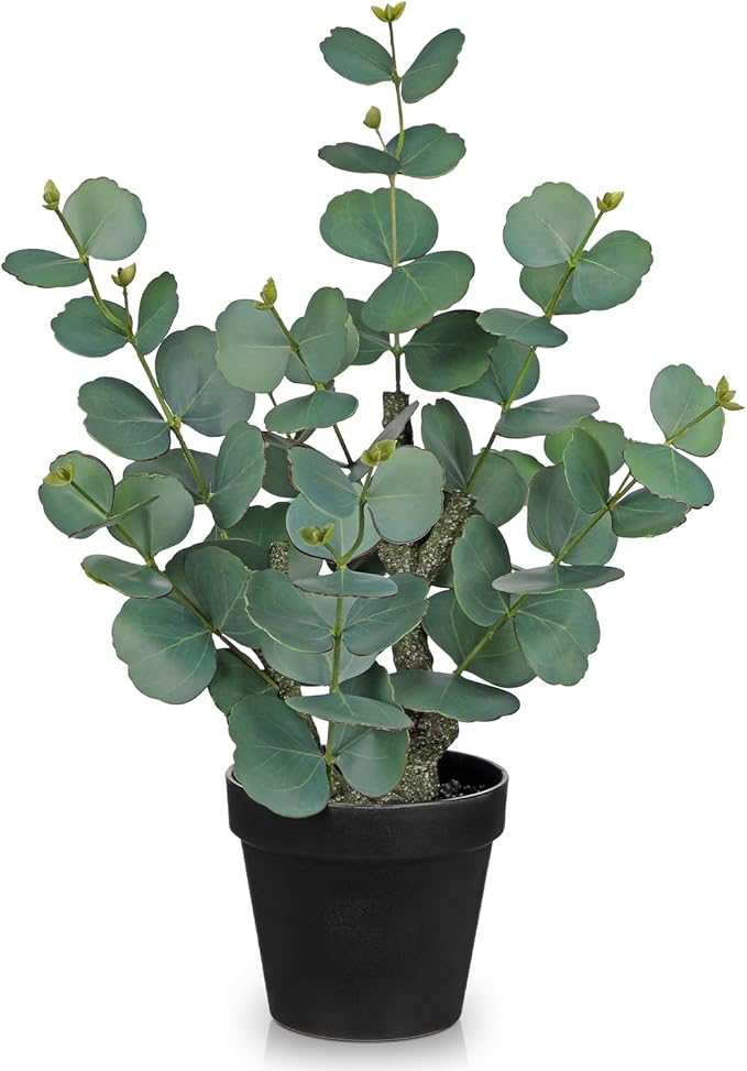 Artificial Plants Indoor with Pot, 18" Tall Faux Plants Indoor Silk Plant, Fake Potted Plant Small Eucalyptus Tree for Living Room Bathroom Kitchen Farmhouse Office Desk Table Shelf Decor, Green