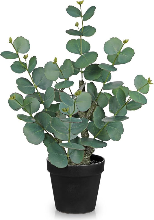 Artificial Plants Indoor with Pot, 18" Tall Faux Plants Indoor Silk Plant, Fake Potted Plant Small Eucalyptus Tree for Living Room Bathroom Kitchen Farmhouse Office Desk Table Shelf Decor, Green