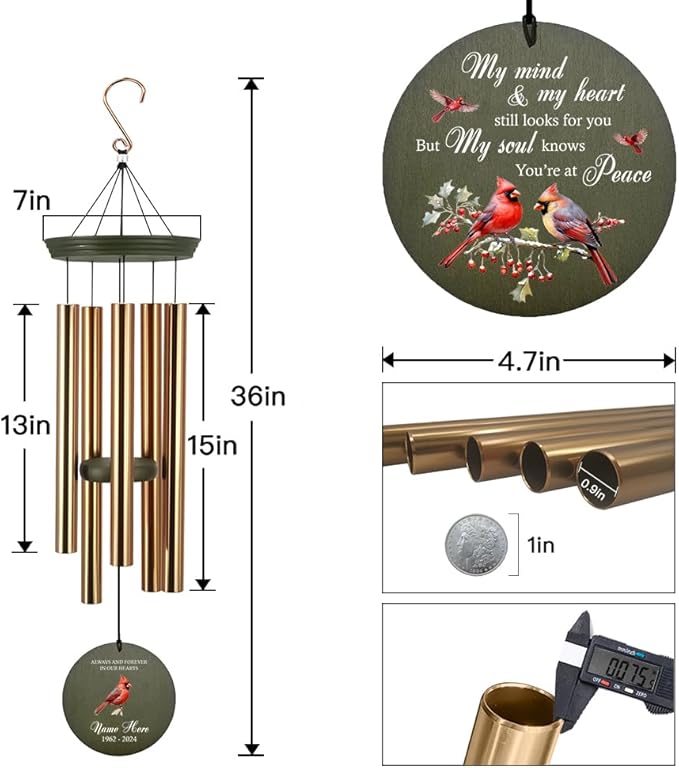 Personalized Sympathy Wind Chime, Memorial Gifts Wind Chimes for Loss of Loved One, Commemorative Sympathy Bereavement Gifts for Condolences/Funeral, Product in USA