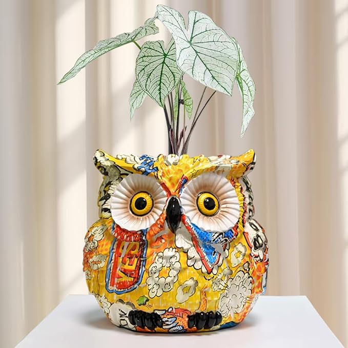 Yellow Owl Planter, Owl Flower Pot, Owl Succulent Pots, Owl Statue Decor, Animal Plant Pots Indoor/Outdoor, Cute Flower Pots with Drainage, Figurine Plant Pot, Decorative Planters Gifts for Women