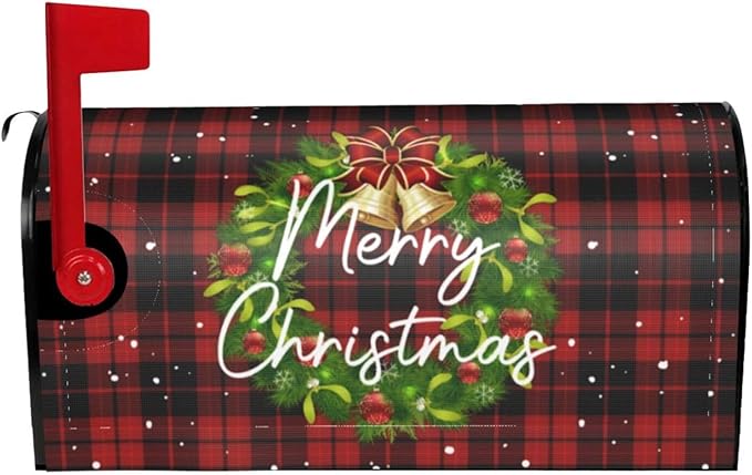 Merry Christmas Wreath Magnetic Mailbox Covers, Standard Size 18 X 21 Winter Xmas Red Buffalo Plaid Mailbox Cover, Holiday Decorations Mailbox Wrap Post Letter Box Cover Decor for Home Outdoor Garden