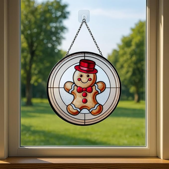 Stained Glass Window Hanging – 9.8 in Gingerbread Man Panel with Chain， Bathroom Front Door Living Room Garden Decor for Mom Wife Lovers