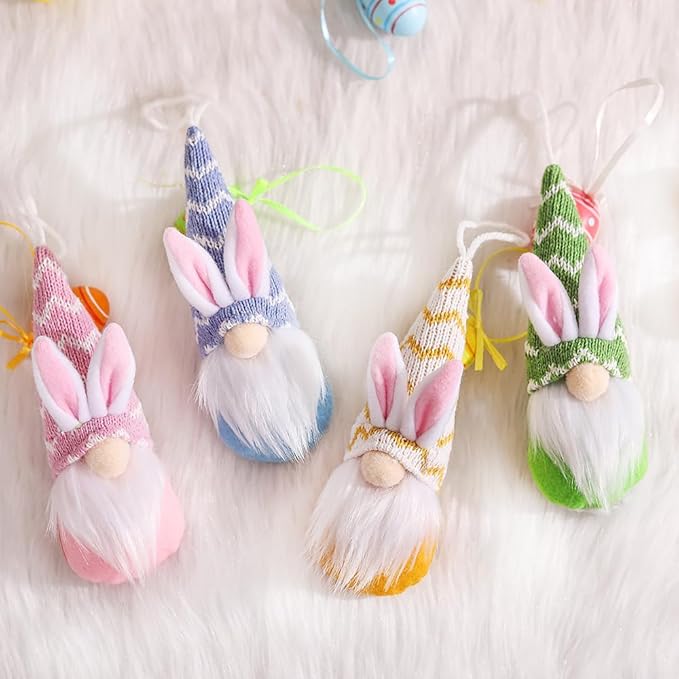 Easter Bunny Gnome Ornaments Set of 4, Faceless Doll Plush Rabbit Gnomes Hanging Ornaments for Easter Tree Decorations, Spring Holiday Home Decor