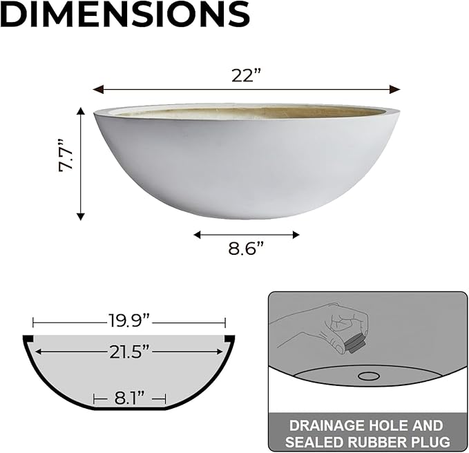7.7"H x 22"D Round Bowl Fiberstone Planter for Succulent and Lotus - Christmas Tree Planter, Weather Resistant for Indoor & Outdoor Use, Included 2 Extra Coco Mats (White, 19.9" Pot Opening)
