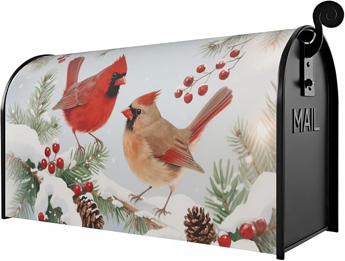 Winter Cardinal Bird Mailbox Covers Magnetic Standard Size Christmas Snow Scene Holiday Mailbox Wraps Seasonal Outdoor Decorative Letter Box Cases for Home Garden Outside Decor, 21x18 Inch