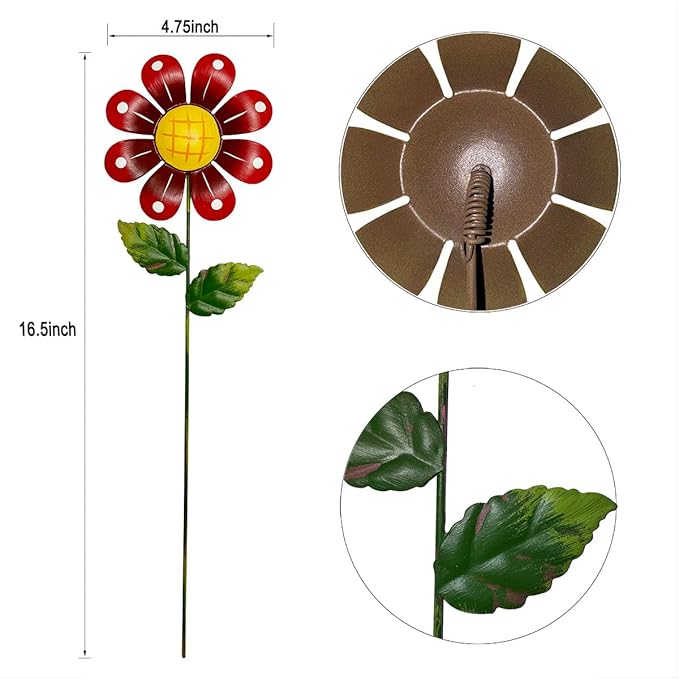 Metal Garden Flower Stakes, 16.5 Inch Decorative Outdoor Stakes with Colorful Flower Heads, 6 Pack Garden Yard Art Decor