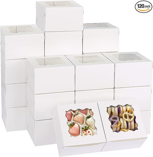 Moretoes 120pcs White Bakery Boxes, 4x4x2.5 Inch Cookie Boxes with Window for Small Cake, Treats, Donuts, Candy