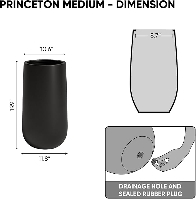 DTY Signature Mount Princeton Tall Planter - Medium Black 19.9 Inch Height Modern Indoor & Outdoor Fiberstone Planter for Outdoor Plants