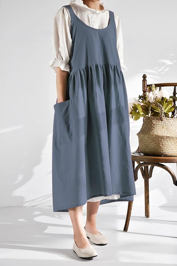 NEWGEM Cotton Linen Cross Back Apron for Women with Pockets Cute Japanese Korean Style Pinafore Dress Blue Grey