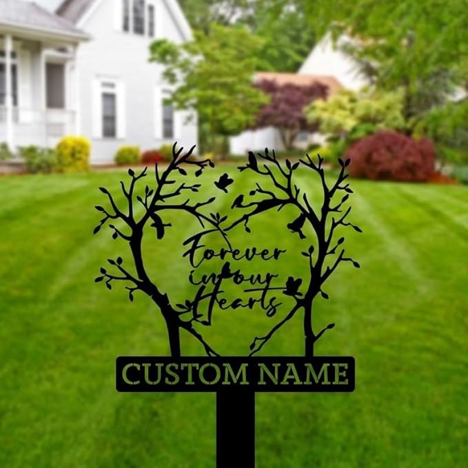 Custom Memorial Grave Stake – Personalized Metal Sign, Tree Heart Garden Stake, Grave Decoration, Yard Outdoor Decor (Tree Heart and Cardinals)