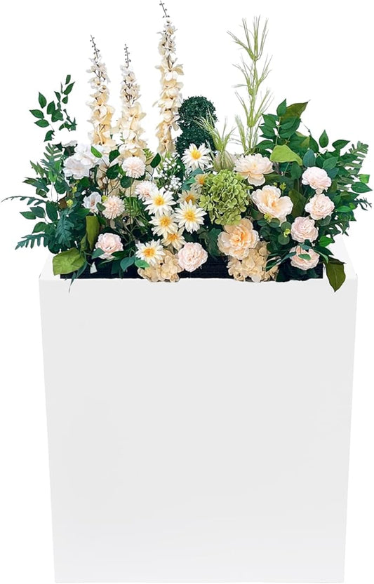 Metallic Heavy Planter Box, Large Metal Planter with Removable Insert Shelf for Outdoor/Indoor, Tall Trees, Plants, Flowers, Easy Assembly (White, 18 * 18 * 20inch)
