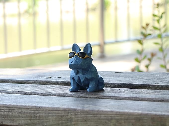 Unique Mini Geometric Dog Doggy Bulldog Figurine with Sunglasses Deep Blue, Animal Statues, Home Garden Bar Décor Ornament