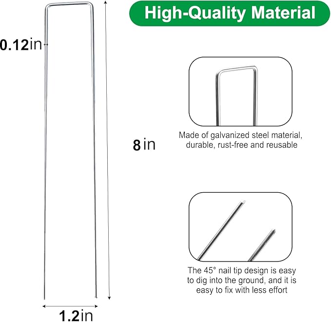 Finderomend 100 Pack Landscape Staples, 8" 11 Gauge Galvanized Steel Garden Stakes,Landscape Pins Turf Staples for Securing Weed Barrier Artificial Grass
