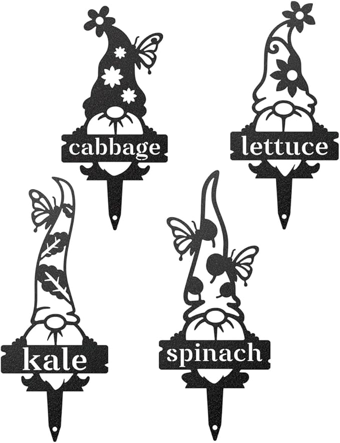 RealSteel 5 Pack Gnome Garden Labels – Vegetable & Plant Markers for Outdoor Plants, Herb & Flower Gardens – Weatherproof Metal Garden Décor
