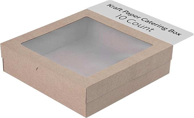 Restaurantware Cater Tek 9 x 9 x 2.4 Inch Catering Boxes 10 Insert Tab Lock Baked Goods Boxes - Window Lids Easy Assembly Kraft Paper Window Pastry Boxes For Charcuterie Or Cupcakes