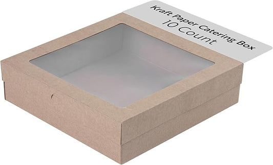 Restaurantware Cater Tek 9 x 9 x 2.4 Inch Catering Boxes 10 Insert Tab Lock Baked Goods Boxes - Window Lids Easy Assembly Kraft Paper Window Pastry Boxes For Charcuterie Or Cupcakes
