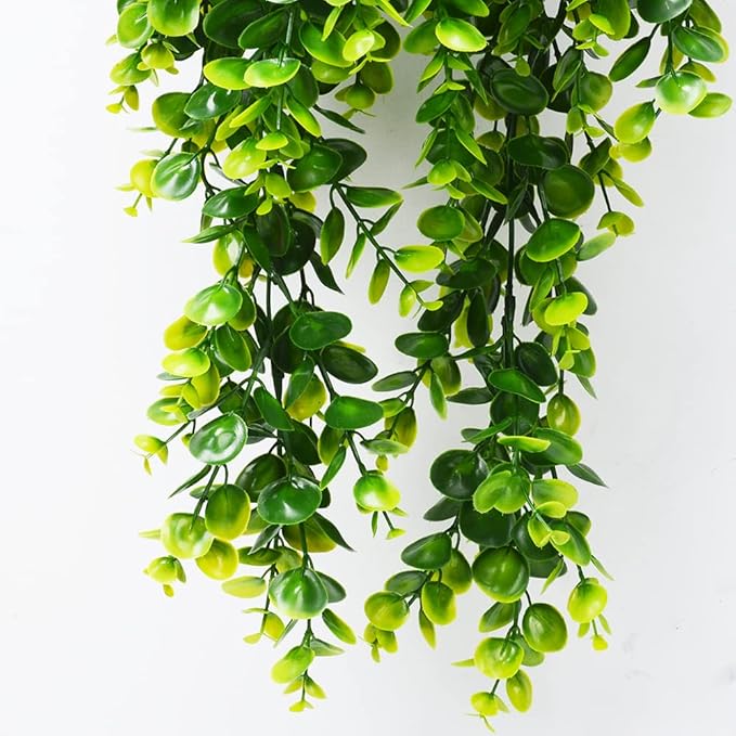 2pcs Artificial Hanging Plants Fake Hanging Plant Faux Eucalyptus Leaf Greenery Vine Outdoor UV Resistant Plastic Plants (2, Green)