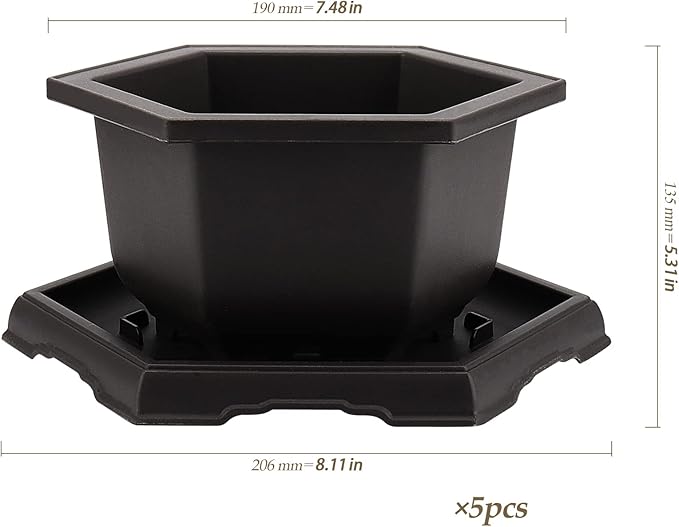 5 Pack Bonsai Pots, Hexagon Built in Mesh Plastic Bonsai Training Pots with Trays, Plant Flower Tree Growing Bonsai Planter for Garden Supplies, Yard, Office, Room, Balcony,7.4 Inch