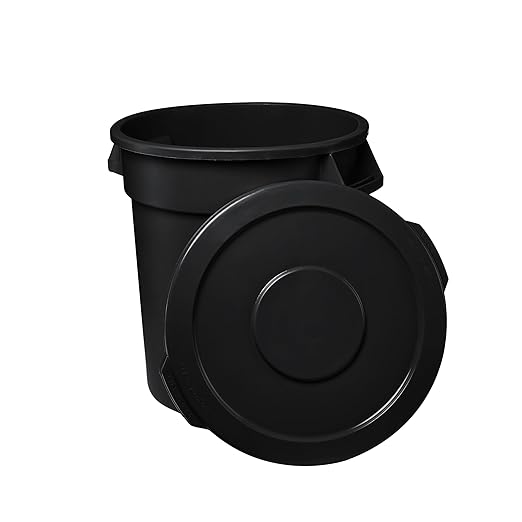 Feed and Seed Storage Container, 32 Gallon Black Round Commercial Trash Can and Lid, Food Storage Plastic Bin, Use in Agricultural, Gardening, or Household