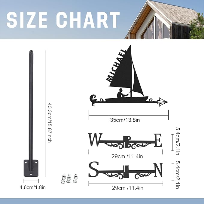 Personalized Sailboat Metal Weather Vane, Custom Name Weathervane, Wind Direction Indicator, Weather Vanes Roof Mount, Wind Vane Outdoor Decor for Shed Garden Yard Patio, Housewarming Gifts