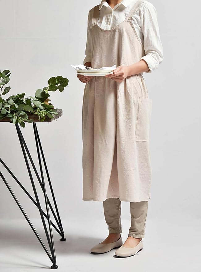 NEWGEM Cotton Linen Cross Back Apron for Women with Pockets for Cooking Painting Beige without Waist Ties