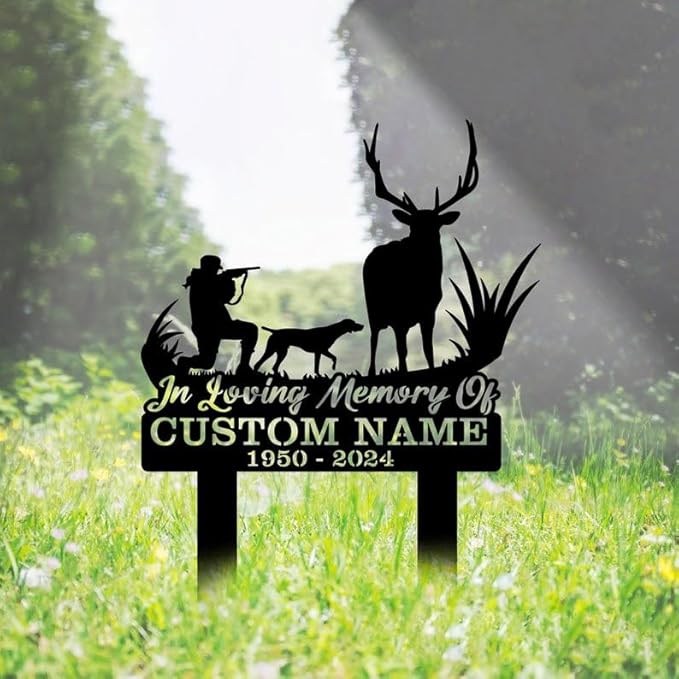 Custom Deer Dog Memorial Metal Stake – Personalized Hunting Grave Marker, Deer Forest Garden Stake, Yard Outdoor Decor (Deer Hunter Memorial)