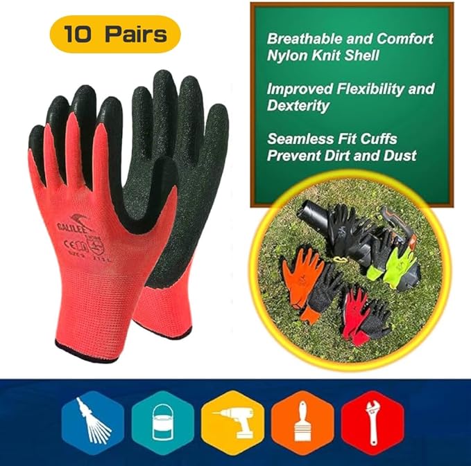 OTECKO Safety Work Gloves with Latex Rubber Coating, Non-Slip Grip, Breathable and Washable, Pack of 10 Pairs