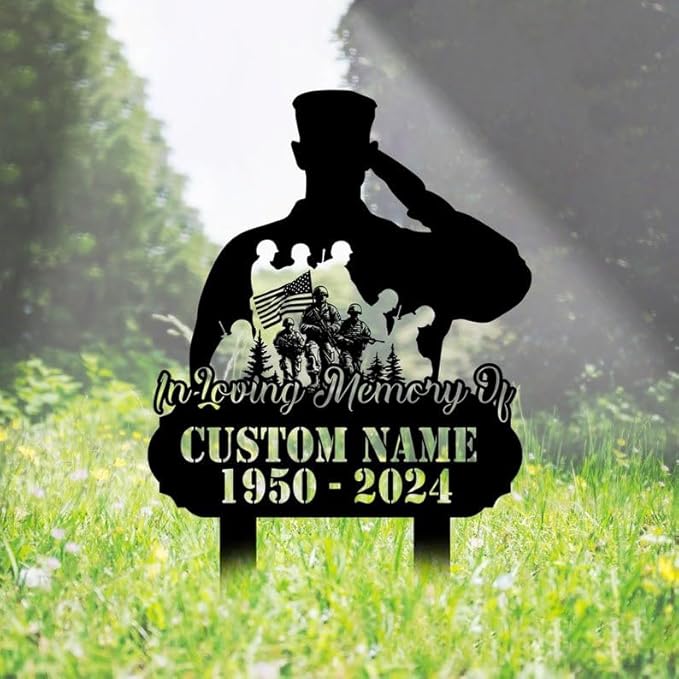 Custom Soldier Memorial Stake – USA Army Metal Grave Marker, Veteran Garden Yard Stake Outdoor Decor (Fallen Soldier Memorial)