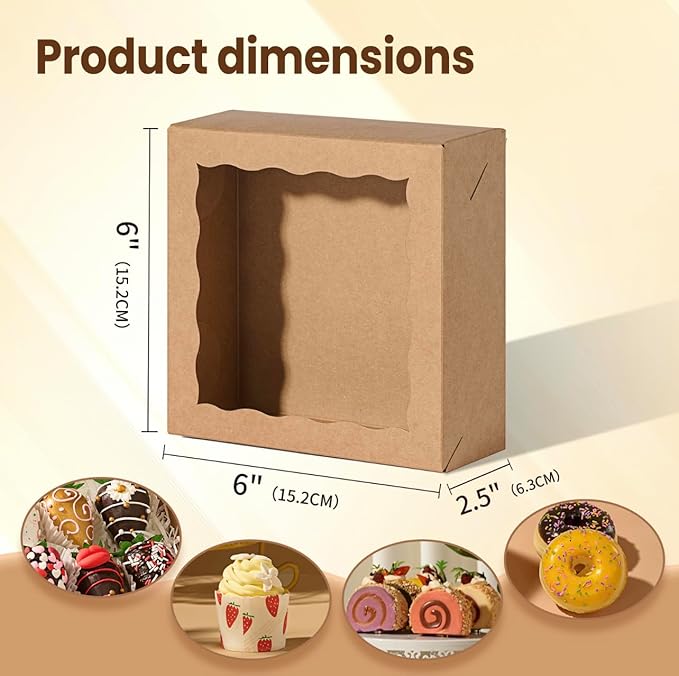 20 Pack 6x6x2.5 Inch Brown Pastries Boxes with Window for Cookie, Cake, Macaron, Pie, Bath Bombs,Chocolate Covered Strawberries & More