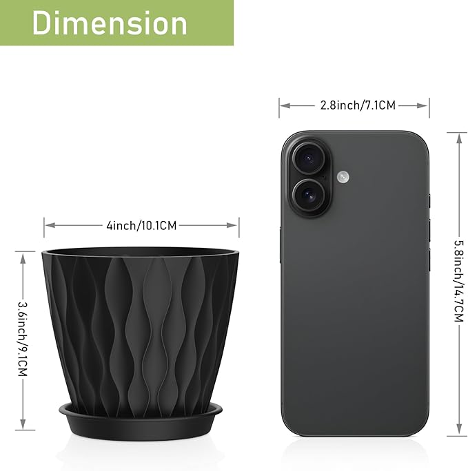 4 Inch Small Pots for Plants, 6 Pack Waffle Texture Small Plant Pots for Succulents, Plastic Planter with Drainage Holes and Saucers for Indoor Outdoor Plants, Flowers, Herbs, Seedlings,Black