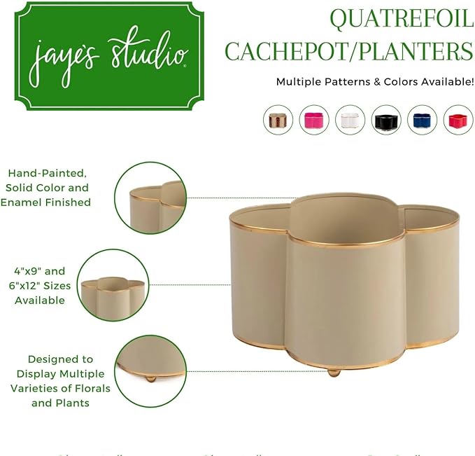 Jaye's Studio Mattie Quatrefoil Planter with Gold Trim, Metal Cachepot Planter, Decorative Flower Pots, Indoor Plant Pots for Living Room, Bedroom, Kitchen, Office, Clover Decor (Red, 5x8)