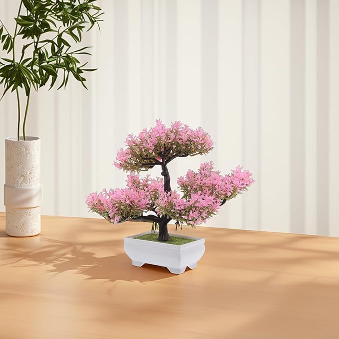Pink Faux Bonsai Tree Simulated Small Plastic Desk Plant for Home Decor Mini Artificial Bonsai Plant for Living Room and Office Decoration