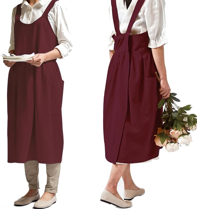 NEWGEM Cotton Linen Cross Back Apron for Women with Pockets Cute Japanese Korean Style Pinafore Dress Purplish Red