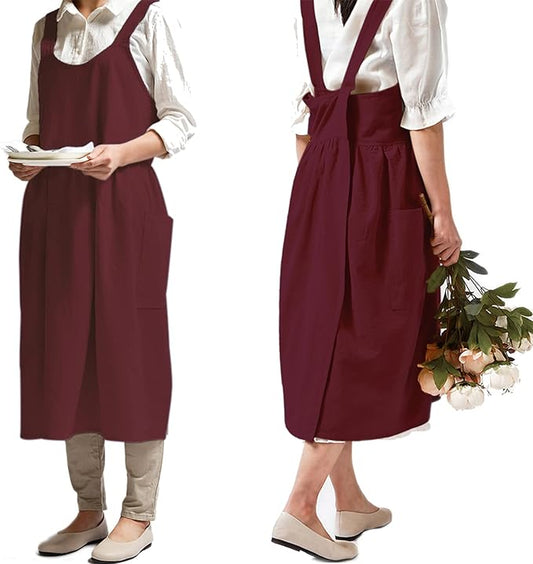 NEWGEM Cotton Linen Cross Back Apron for Women with Pockets Cute Japanese Korean Style Pinafore Dress Purplish Red