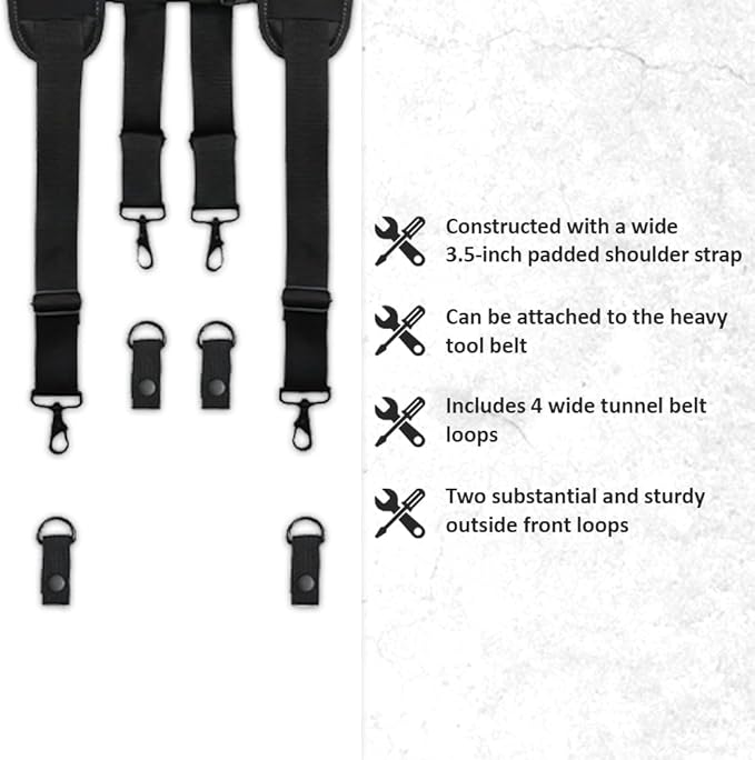 WOLF WTH2115 Padded 4-point Suspenders for Tool Work Belt | Universal Breathable Comfort Lightweight | Contractors Handyman | Pain Stress Relief Weight Distribution